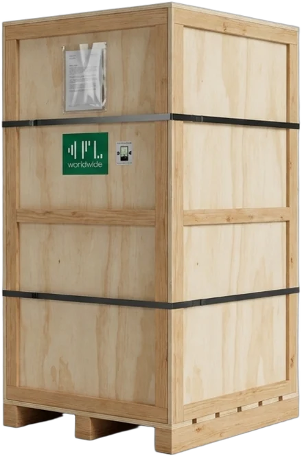 A CFL crate, strapped on its pallet.