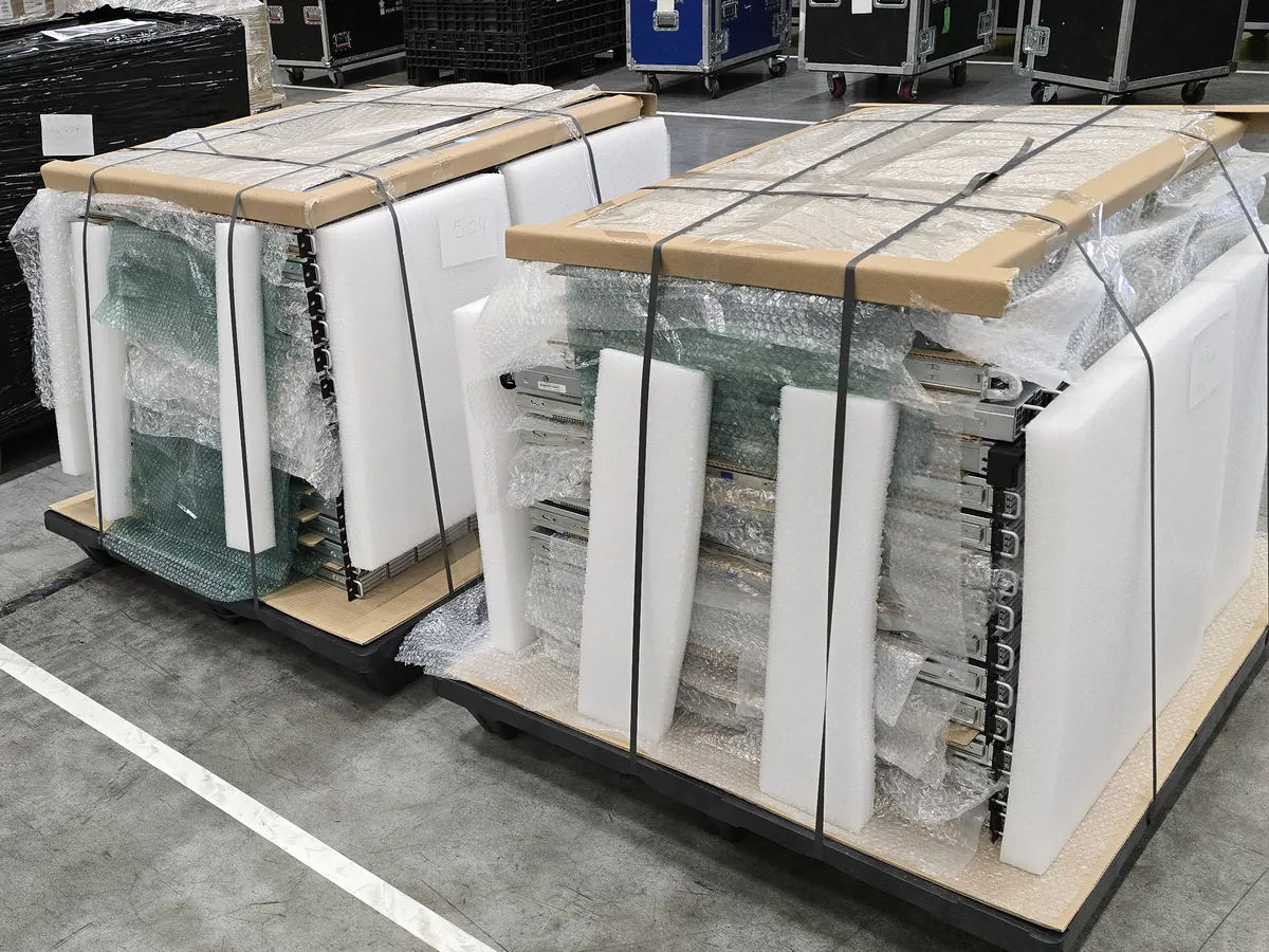 Two pallets of servers in bubble wrap between white foam corner pieces, a board laid on top and strapped down.