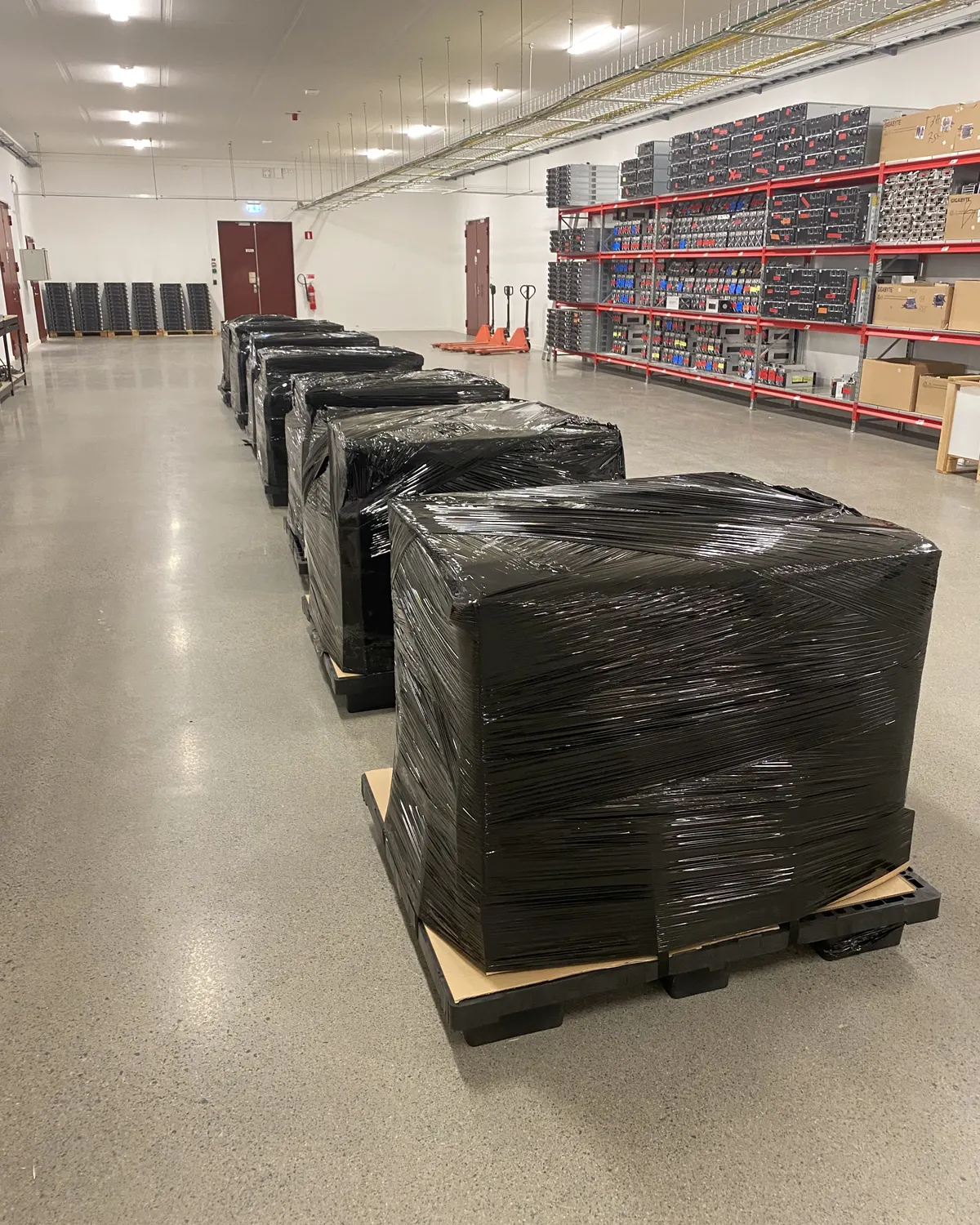 A row of pallets shrink-wrapped in black film on a warehouse floor, red shelving along the wall.